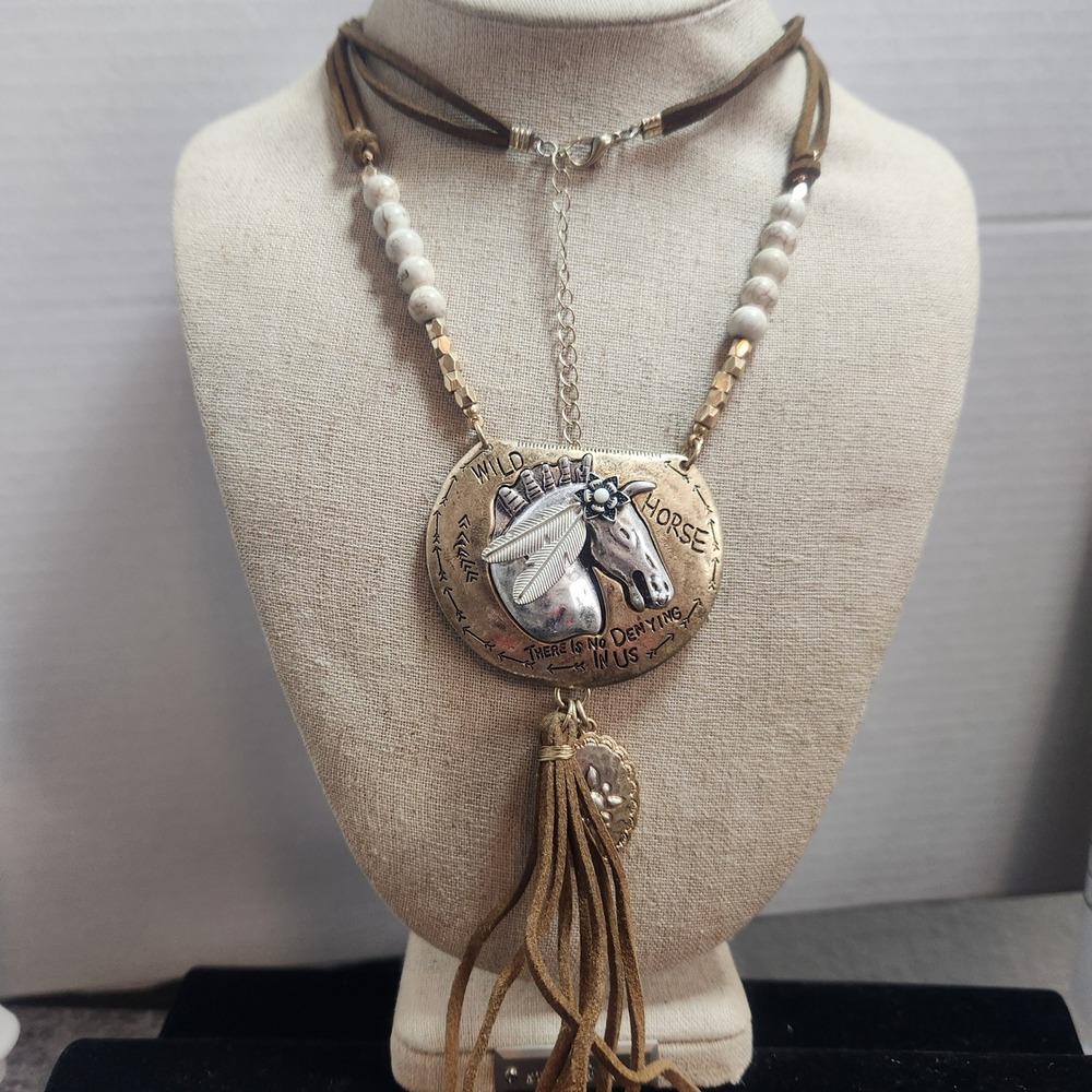 Wild Horse Statement Necklace Mixed Metal Shield Tassel Western Boho Jewelry - Picture 10 of 13